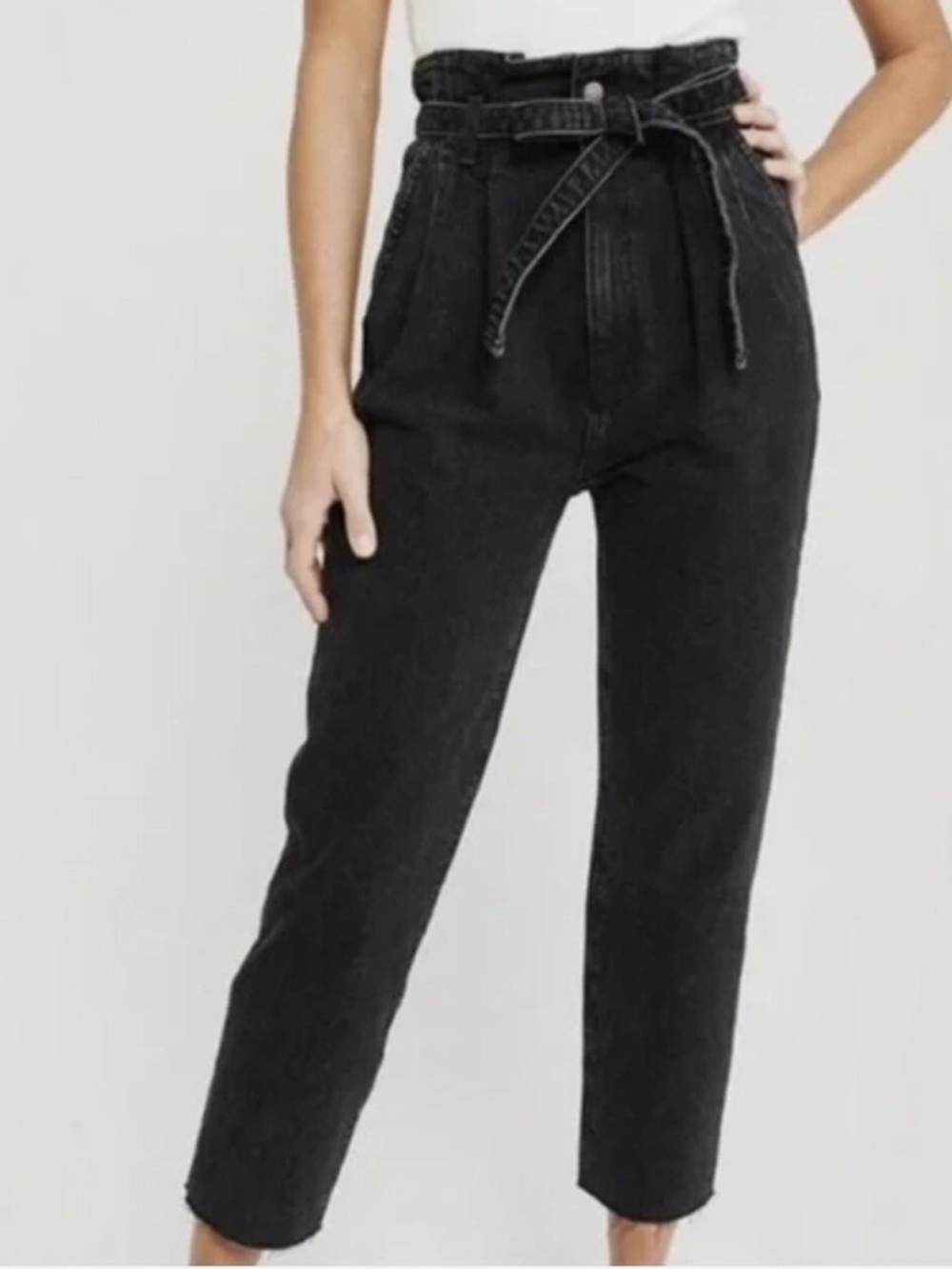 Abercrombie Black Mom Jeans High Rise Belted Distressed 26S